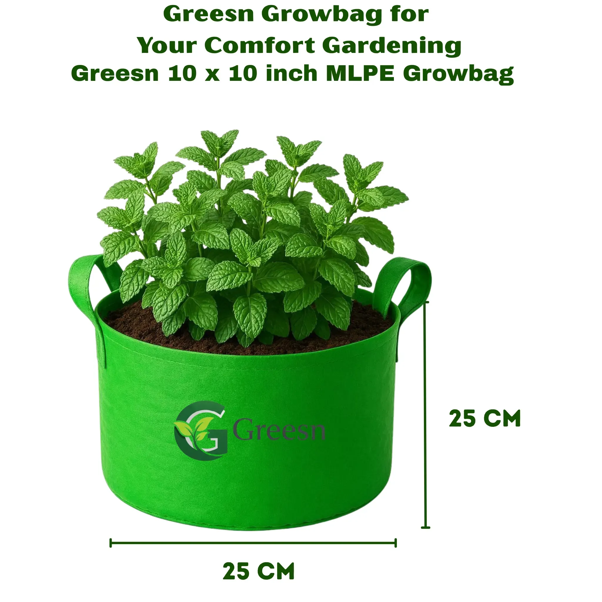 Handle 10x10 inch Greesn grow bag for efficient terrace and home gardening.