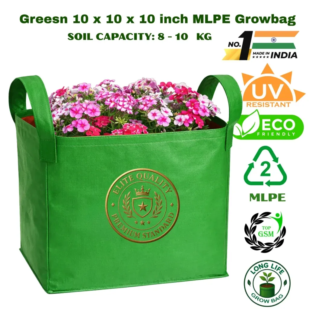 Handle 10x10x10 inch Greesn MLPE grow bag for terrace and home gardening.